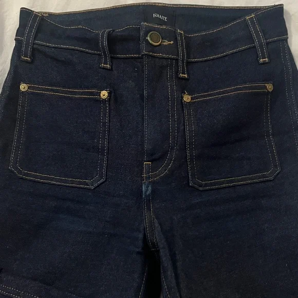 KHAITE Raquel Dark Patch Pocket Blue Flare Crop Jeans 25 - Picture 7 of 11